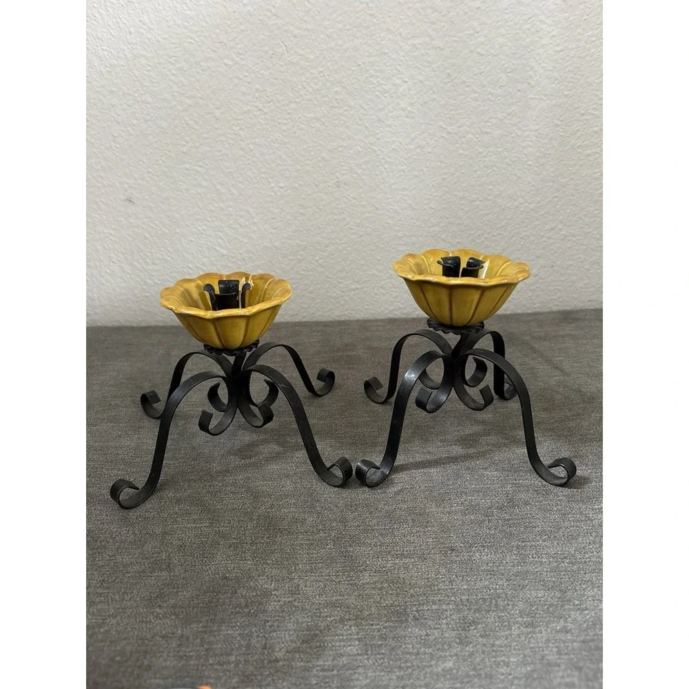 VTG Treasure Craft 2 Candle Holder Black Metal Scroll Yellow Ceramic Floral READ